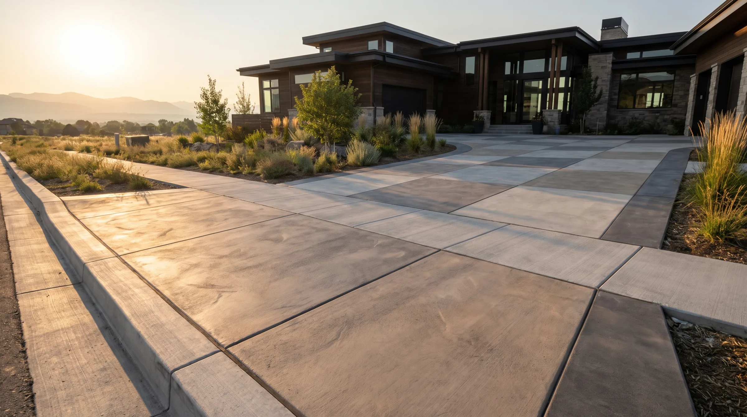 Finished stamped concrete driveway at golden hour — a Contractor Heroes partner job